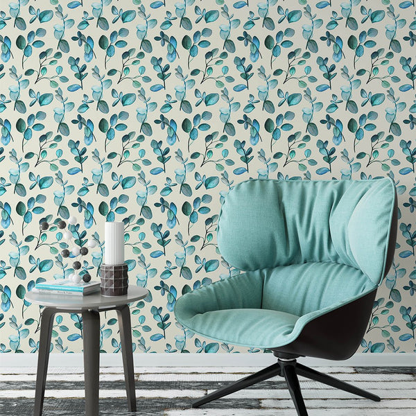 Blue Green Twigs Leaves Wallpaper CC213 - CostaCover - Peel and stick Removable Wallpaper - adhesive wallpaper - aqua blue - Aqua blue wallpaper