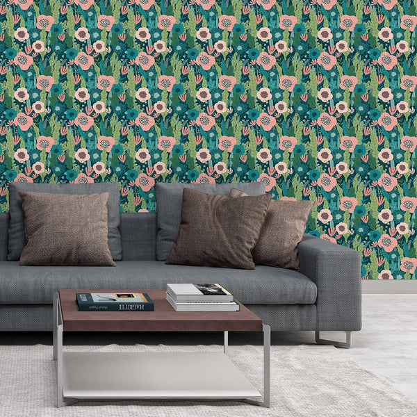 Greenery Pink Flowers Wallpaper CC202 - CostaCover - Peel and stick Removable Wallpaper - adhesive wallpaper - Backsplash panels - bathroom wallpaper