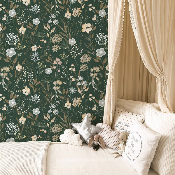 Green & Beige Wildflowers Wallpaper W137 - CostaCover - Peel and stick Removable Wallpaper - Abstract - abstract floral - abstract wall art