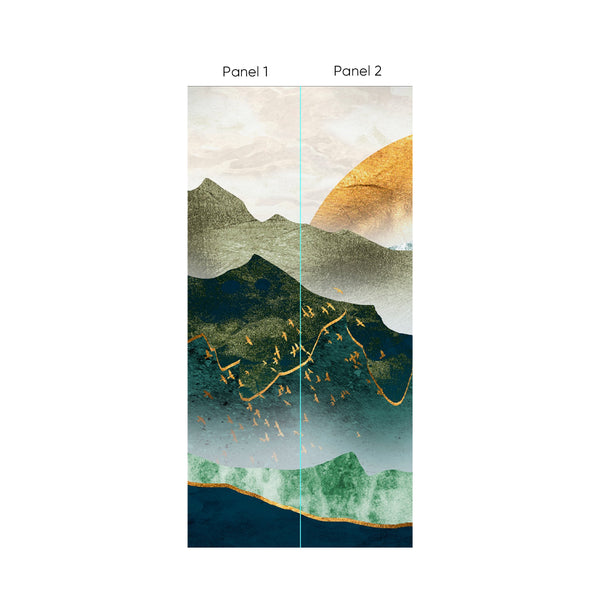 Mountain By Sunset Wall Mural featuring layered mountain silhouettes in deep teal and forest green under a beige sky with a golden sun. This tall, removable wallpaper is perfect for entryways or bedrooms, offering a modern rustic or Scandinavian vibe. Made in the USA with eco-friendly materials, it's ideal for a dramatic vertical feature wall.