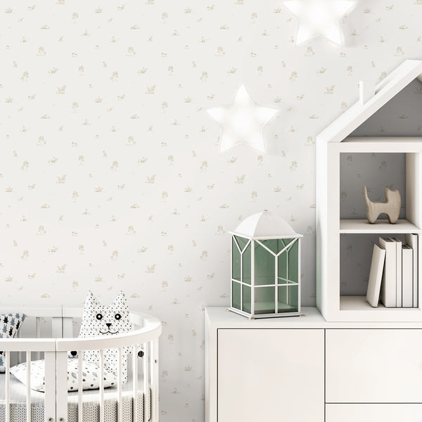Charming beige nursery wallpaper with woodland animals, including foxes and tiny trees, perfect for creating a cozy and calming atmosphere. This self-adhesive wallpaper's delicate linework and neutral tones make it ideal for a modern nursery or children's bedroom with a gentle, low-contrast motif.