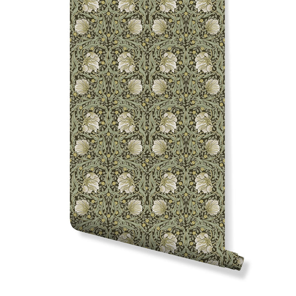 Pimpernel by Morris Wallpaper showcases floral medallions and vines on an olive-brown ground. The dense pattern with cream blossoms and sage leaves adds Victorian richness to dining rooms. Made from eco-friendly materials, this traditional wallpaper is perfect for those seeking timeless elegance in studies or hallways.