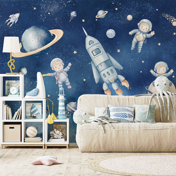 Dark Blue Astronauts & Spaceship Wall Mural SM083 - CostaCover - Peel and stick Removable Wallpaper - accent wallpaper - adhesive wallpaper - bathroom wallpaper