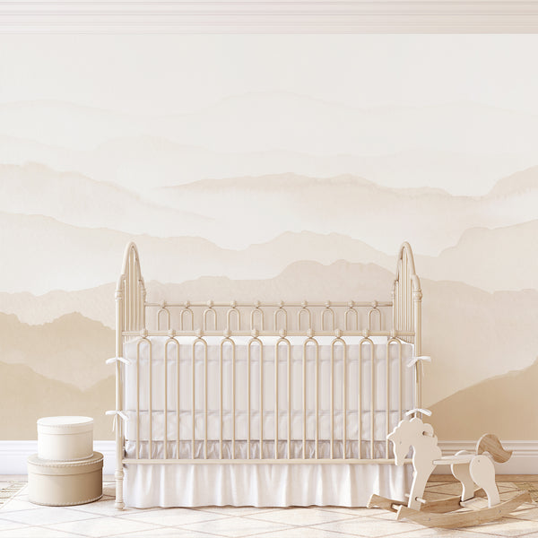 Minimalist beige landscape wall mural with softly painted mountain silhouettes and subtle neutral shading for a bedroom interior.