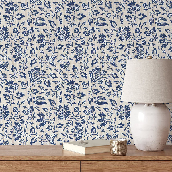 Blue Vintage Flowers Wallpaper CC347 - CostaCover - Peel and stick Removable Wallpaper - accent wallpaper - adhesive wallpaper - bathroom wallpaper