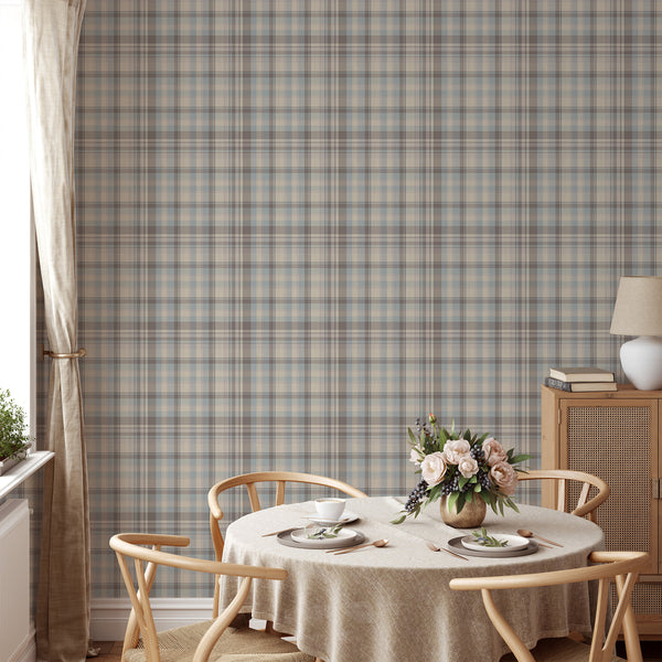 Vintage plaid wallpaper with overlapping dusty blue, beige, and soft brown checks, featuring intricate zigzag detailing for a neutral farmhouse bedroom.