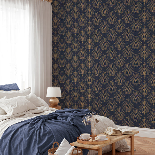 Navy Blue Palm Leaves Wallpaper L059
