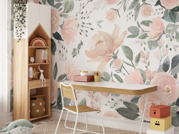 Pink Watercolor Roses Wall Mural WM012 - CostaCover - Peel and stick Removable Wallpaper - adhesive wallpaper - baby bedroom - bedroom wallpaper