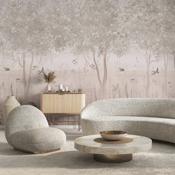 Neutral woodland wallpaper featuring tall leafy trees, small blossoms, birds and delicate meadow flowers in soft beige and ivory tones.