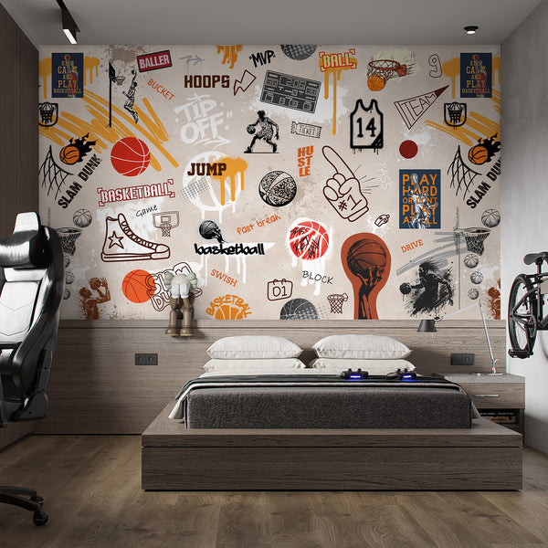 Basketball Graffiti Wall Mural featuring illustrated players, hoops, and paint drips in urban style, perfect for a teen bedroom or game room. This removable wallpaper offers a dynamic collage with orange, black, and ochre tones, creating energetic movement against a light neutral background.