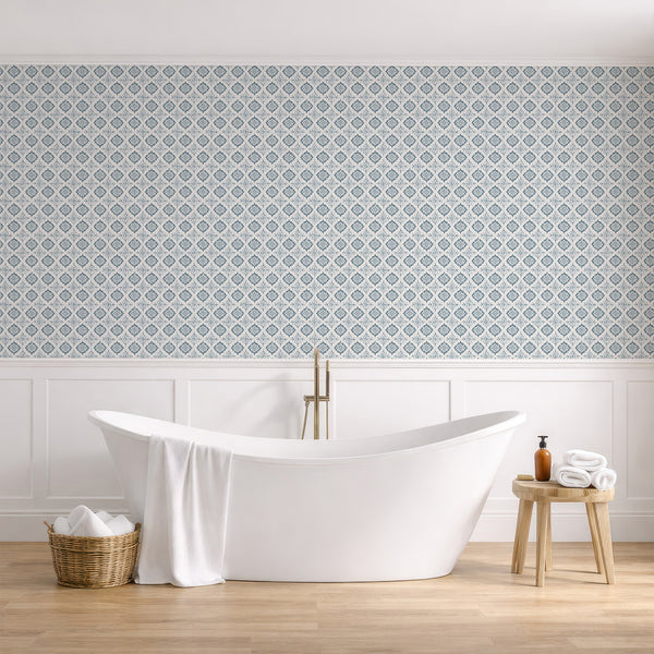 Ornamental blue medallion wallpaper on an off-white textured ground, providing a vintage charm for living rooms or classic interiors. This high-quality, removable design is eco-friendly and easy to apply, perfect for decorators.