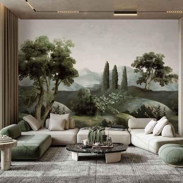 Vintage forest wall mural featuring deep green trees, layered hills, cypress plants, hazy mountains, and subtle floral details for an elegant living room wall.