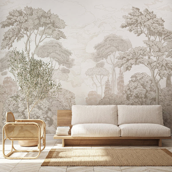 Henry Vintage Forest Wall Mural depicting a panoramic woodland scene in sepia and taupe tones. The engraved-style trees and layered silhouettes create depth and an elegant old-world mood, ideal for a classic accent wall in a dining area or bedroom.