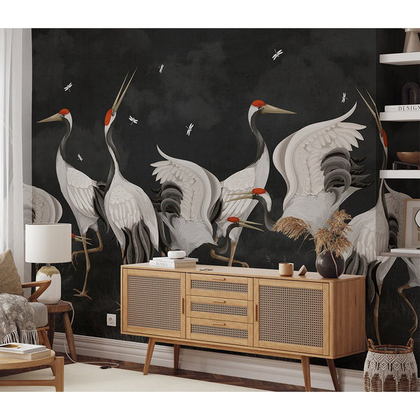 Black Japanese Cranes Wall Mural WM109 - CostaCover - Peel and stick Removable Wallpaper - accent wallpaper - adhesive wallpaper - animal print