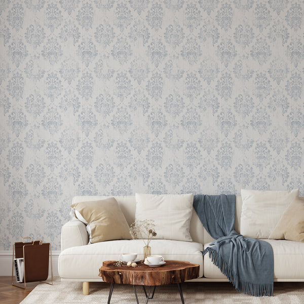 Vintage damask wallpaper in blue-gray with fine detailing, suitable for a traditional home office. Removable peel and stick design, perfect for decorators.