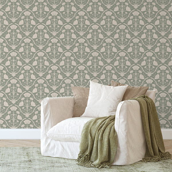 Pre-pasted sage wallpaper with orderly floral motifs, enhancing classic dining rooms and bedrooms.