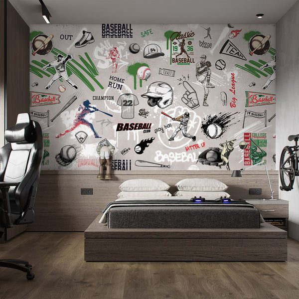 Bold baseball-themed wall mural with graffiti-style sketches and spray-paint textures, ideal for a sports den or teen bedroom. The mural combines sketched players, bats, and helmets with dynamic black, green, and red accents on a concrete-toned backdrop, creating an energetic and modern interior design.