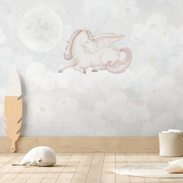 Dreaming Unicorn & Moon Wall Mural AM145 - CostaCover-Peel and stick Removable Wallpaper-accent wallpaper-adhesive wallpaper-baby bedroom
