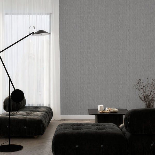 Matte gray wallpaper with continuous vertical strokes, providing a textured fabric feel perfect for elegant living rooms or minimalist bedrooms.