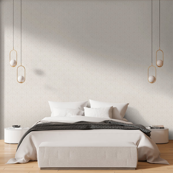 Minimalist floral damask wallpaper with subtle ivory flowers, curved botanical stems and warm beige accents, ideal for a neutral bedroom or living room.