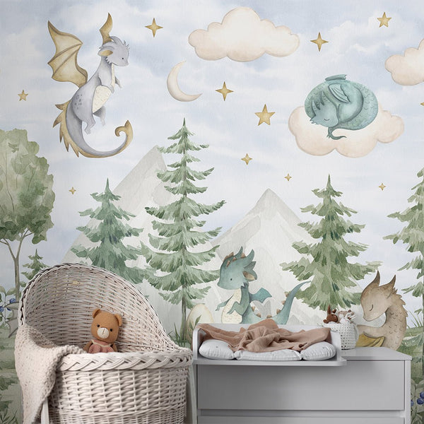 Dragons in Forest Wall Mural SM037 - CostaCover - Peel and stick Removable Wallpaper - accent wallpaper - adhesive wallpaper - baby bedroom