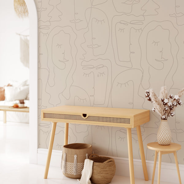 Beige Abstract Female Face Wallpaper CC307 - CostaCover - Peel and stick Removable Wallpaper - Abstract - abstract lines - abstract mural