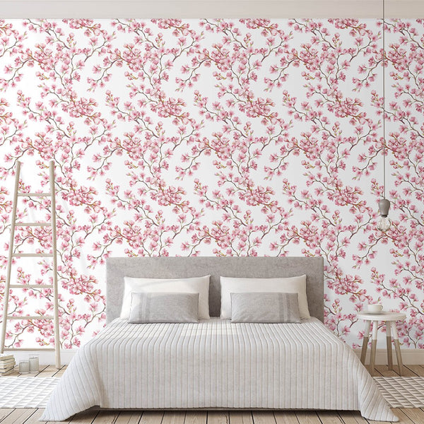Watercolor Cherry Blossoms Wallpaper CC133 - CostaCover - Peel and stick Removable Wallpaper - accent wallpaper - adhesive wallpaper - Backsplash panels
