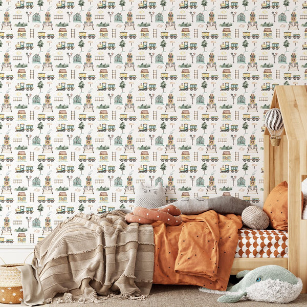 Cartoon Train Railroad Wallpaper CC293 - CostaCover - Peel and stick Removable Wallpaper - adhesive wallpaper - baby bedroom - bedroom interior