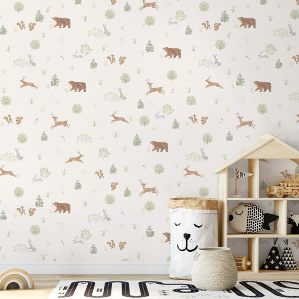 Pastel Forest Animals Wallpaper S046 - CostaCover-Peel and stick Removable Wallpaper-accent wallpaper-adhesive wallpaper-animal print