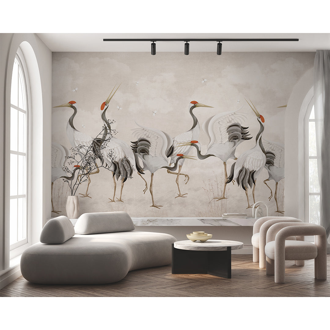 Beige Japanese Cranes Wall Mural WM107