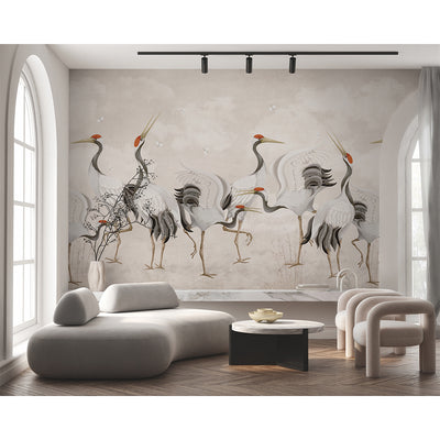 Beige Japanese Cranes Wall Mural WM107