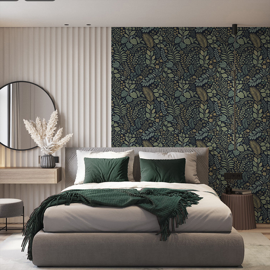 Dark Green Botanical Wallpaper with rich leafy pattern