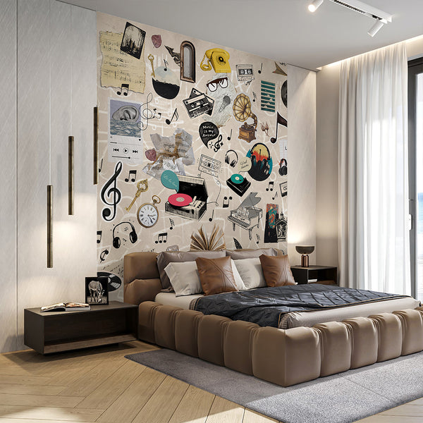 Beige Vintage Music Collage Wall Mural SM107