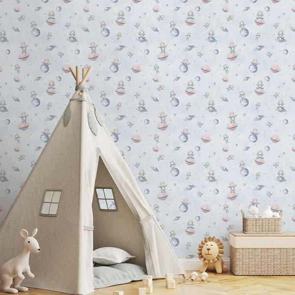Pastel Blue Astronauts & Planets Wallpaper S124 - CostaCover-Peel and stick Removable Wallpaper-accent wallpaper-adhesive wallpaper-baby bedroom