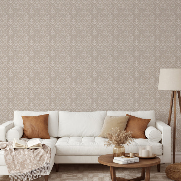 Beige Linen Floral Lattice Wallpaper L121