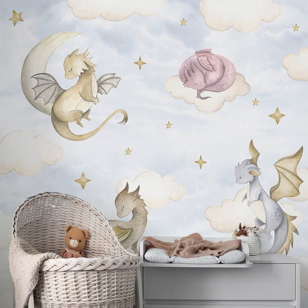 Blue Sky and Dragons Wall Mural SM034 - CostaCover - Peel and stick Removable Wallpaper - accent wallpaper - adhesive wallpaper - baby bedroom