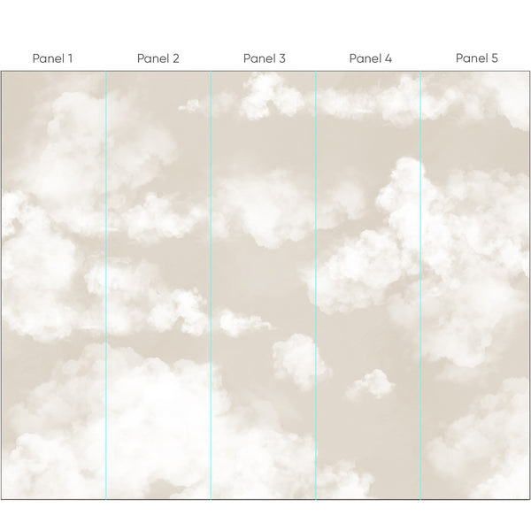 Beige Sky & Clouds Wall Mural featuring airy, billowing cloud forms with soft gradients in cream and muted beige. Bright white highlights create a serene, painterly look, ideal for calming bedrooms or modern coastal living rooms. This temporary wall mural offers an expansive, light feel, crafted from high-quality, removable, self-adhesive materials.