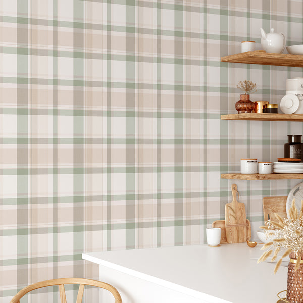 Vintage country plaid wallpaper with intersecting sage green and beige stripes, creating a cozy English cottage aesthetic with soft woven texture.