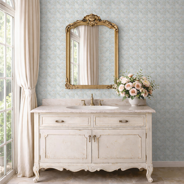 Watercolor shell wallpaper with scallop shells, nautilus shells, pearls, and coastal textures in pale blue, beige, and ivory for beach interiors.