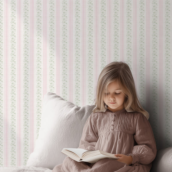 Pink Green Floral Stripe Wallpaper L131