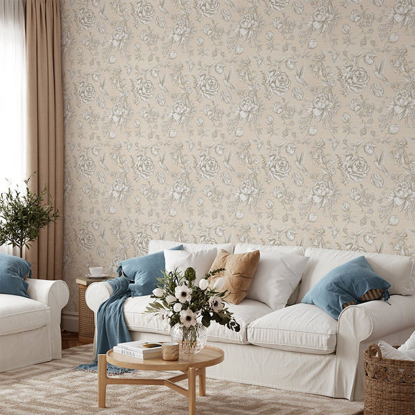 Flowers & Birds Beige Grasscloth Wallpaper CG009 - CostaCover - Traditional Wallpaper - bathroom wallpaper - bedroom wallpaper - beige