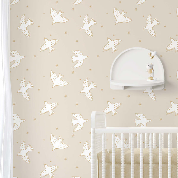 Beige White Birds & Stars Wallpaper S051