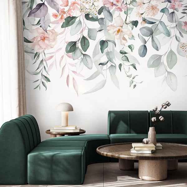 Pink Hanging Flowers and Leaves Wall Mural SM022 - CostaCover - Peel and stick Removable Wallpaper - accent wallpaper - adhesive wallpaper - bathroom wallpaper