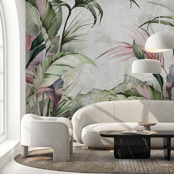 Green Pink Palm Leaves Wall Mural SM013 - CostaCover - Peel and stick Removable Wallpaper - abstract wallpaper - accent wallpaper - adhesive wallpaper