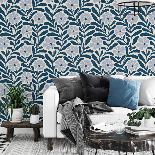 Blue Floral Botanical Wallpaper W142 - CostaCover-Peel and stick Removable Wallpaper-Abstract-abstract floral-Abstract Labyrinth Lines