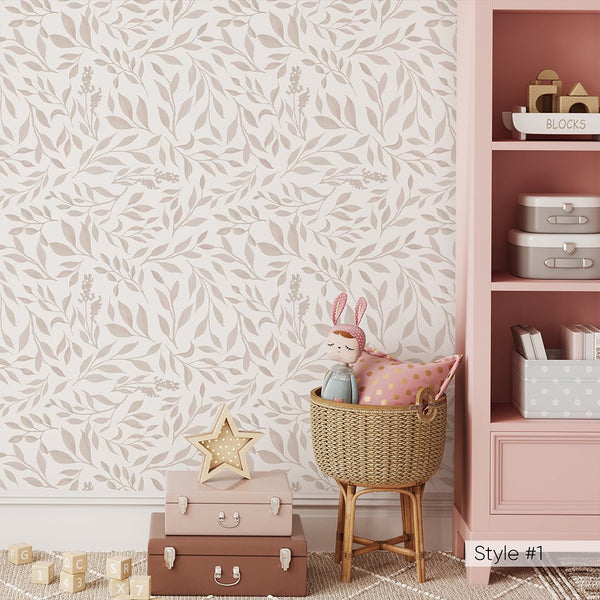 Pastel Pink Green Leaf Wallpaper W168 - CostaCover - Peel and stick Removable Wallpaper - abstract floral - abstract wallpaper - accent wallpaper