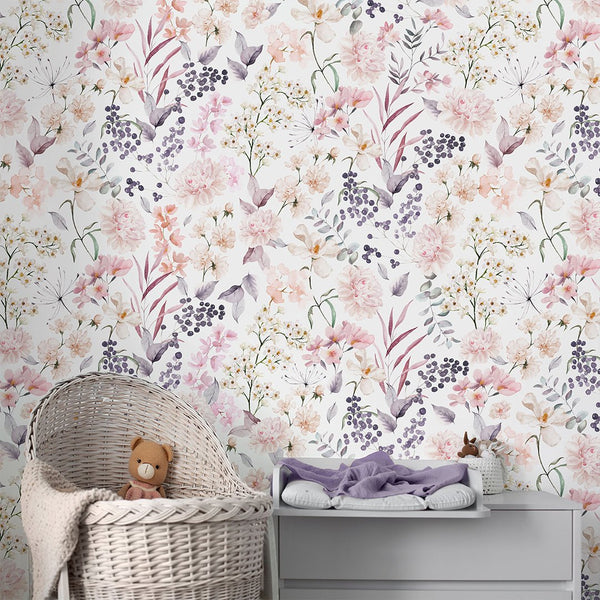 Pink Lilac Flower Bouquet Wallpaper S062 - CostaCover - Peel and stick Removable Wallpaper - accent wallpaper - adhesive wallpaper - baby bedroom