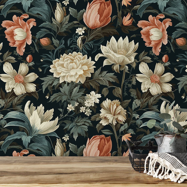 Dark Floral Botanical Wallpaper W143 - CostaCover-Peel and stick Removable Wallpaper-abstract floral-abstract wallpaper-accent wallpaper