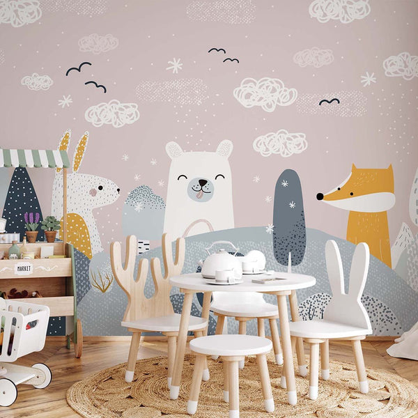Pink Blue Cute Animal Wall Mural AM110 - CostaCover - Peel and stick Removable Wallpaper - accent wallpaper - adhesive wallpaper - animal print
