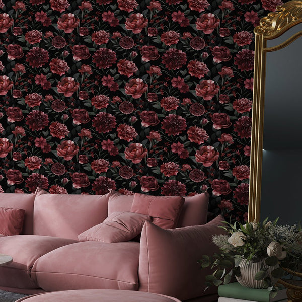Dark Burgundy Flowers Wallpaper S057 - CostaCover - Peel and stick Removable Wallpaper - abstract wallpaper - accent wallpaper - adhesive wallpaper